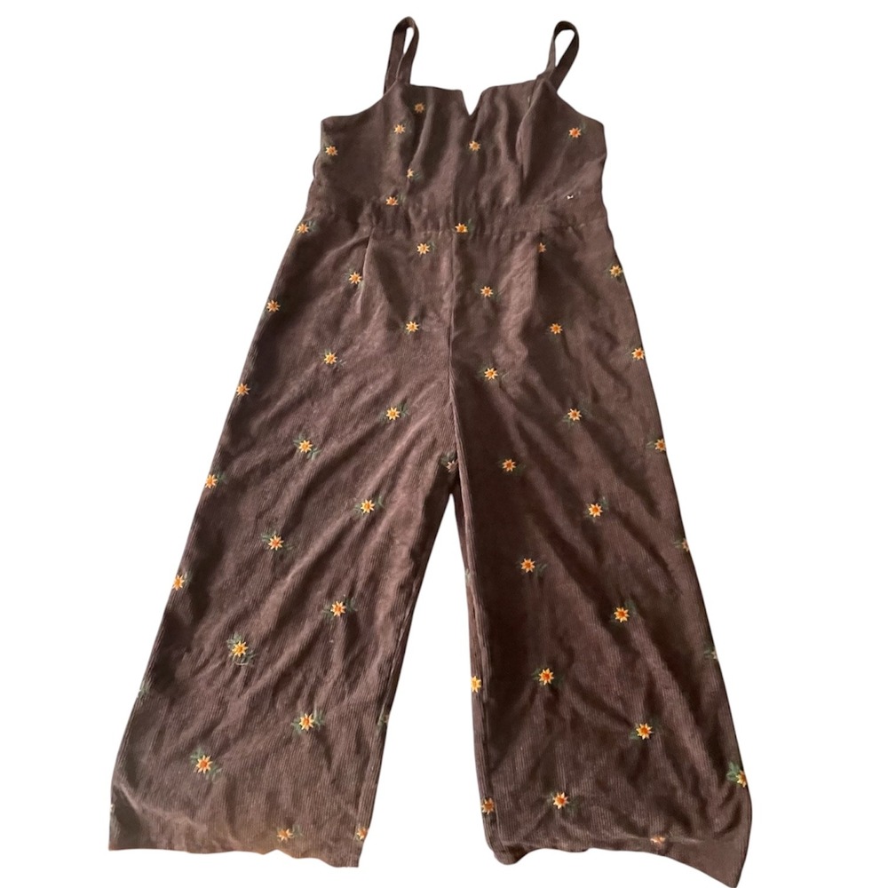 Cider Brown Wide-Leg Floral Embroidered Jumpsuit